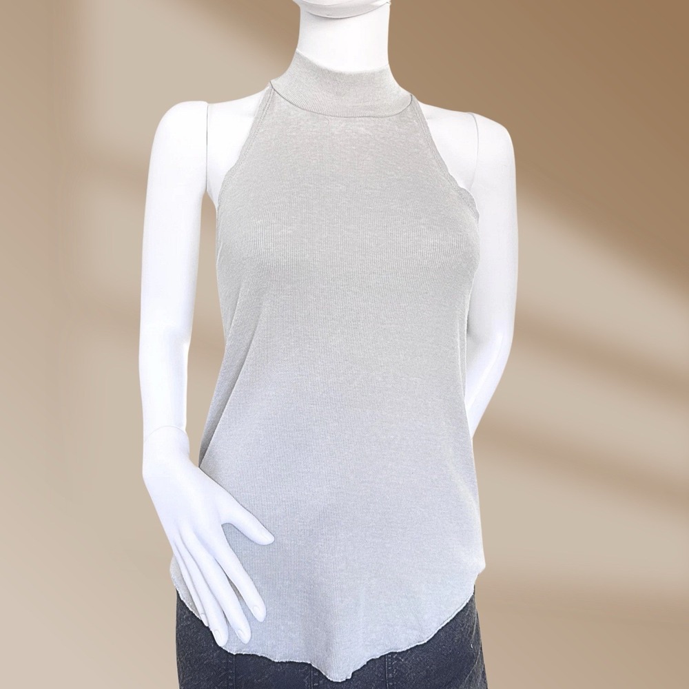 Chaser High Neck Halter Top Gray Ruffle Back Soft Ribbed  Knit Size Small NWT! - Picture 2 of 4